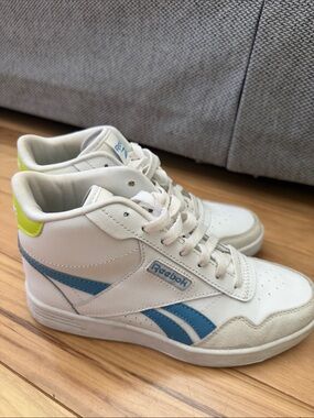 Reebok women’s White Sneakers with Blue & Neon Yellow Accents
